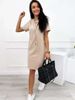 Beżowa Sukienka z Kieszeniami 12336-365-A|Modna Kiecka Best