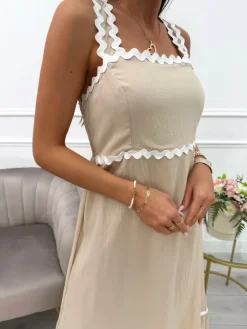 Beżowa Sukienka z Ozdobnymi Ramiączkami 14025-509-A|Modna Kiecka Hot