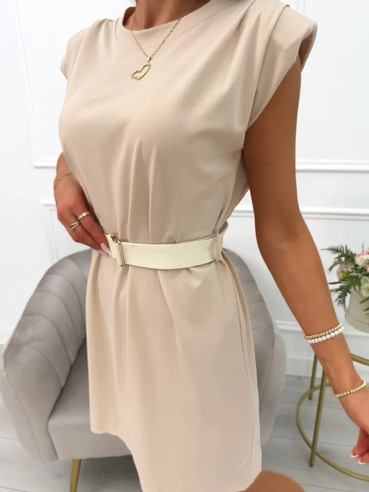 Beżowa Sukienka z Paskiem 14068-322-A|Modna Kiecka Fashion