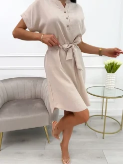 Beżowa Sukienka z Paskiem 13903-511-A|Modna Kiecka Outlet