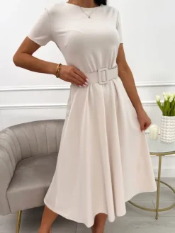 Beżowa Sukienka z Paskiem 13662-78-D|Modna Kiecka Outlet