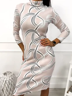 Beżowa Sweterkowa Sukienka ze Wzorem 12900-340-Q|Modna Kiecka Hot