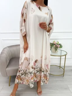 Beżowa Szyfonowa Sukienka Oversize w Kwiaty 14075-12-A|Modna Kiecka New