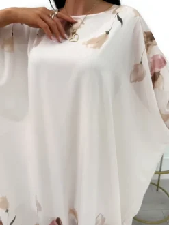 Beżowa Szyfonowa Sukienka Oversize w Kwiaty 14075-12-A|Modna Kiecka New