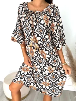 Beżowa Wzorzysta Sukienka Oversize 12320-252-Q|Modna Kiecka Discount