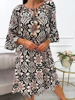 Beżowa Wzorzysta Sukienka Oversize 14028-409-Q|Modna Kiecka Fashion