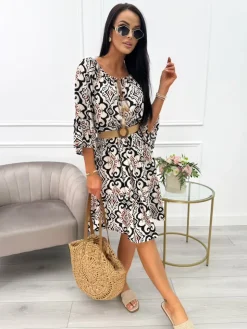 Beżowa Wzorzysta Sukienka Oversize 14028-409-Q|Modna Kiecka Fashion