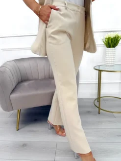 Beżowe Eleganckie Spodnie w Kant 13795-315-D|Modna Kiecka Fashion