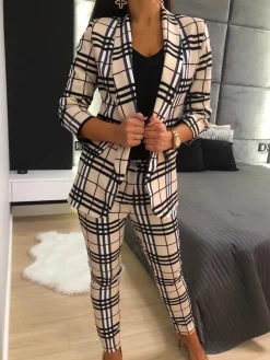 Beżowe Spodnie w Kratę 11495-275-A|Modna Kiecka Fashion