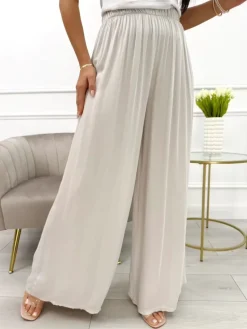 Beżowe Spodnie z Szeroką Nogawką 13990-309-A|Modna Kiecka Fashion