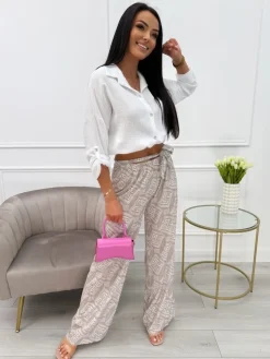 Beżowe Wzorzyste Spodnie z Paseczkiem 13865-411-A|Modna Kiecka Hot