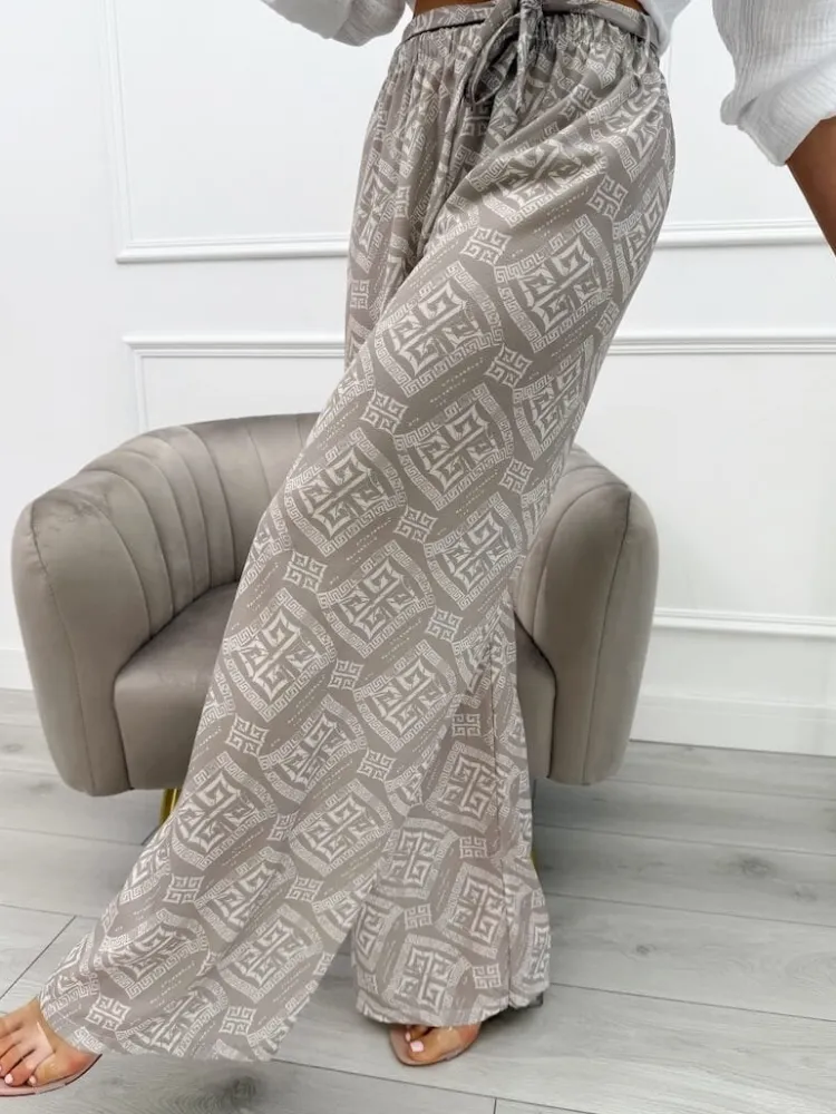 Beżowe Wzorzyste Spodnie z Paseczkiem 13865-411-A|Modna Kiecka Hot