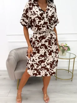 Beżowo-Brązowa Sukienka Oversize z Kołnierzykiem 14073-326-A|Modna Kiecka Fashion