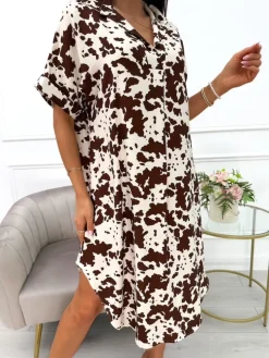 Beżowo-Brązowa Sukienka Oversize z Kołnierzykiem 14073-326-A|Modna Kiecka Fashion
