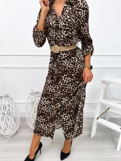 Beżowo-Brązowa Sukienka w Panterkę z Paskiem 12661-134-A|Modna Kiecka Fashion
