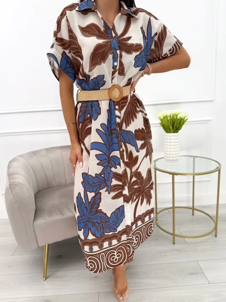 Beżowo-Brązowa Wzorzysta Sukienka z Paskiem 13966-363-A|Modna Kiecka Discount