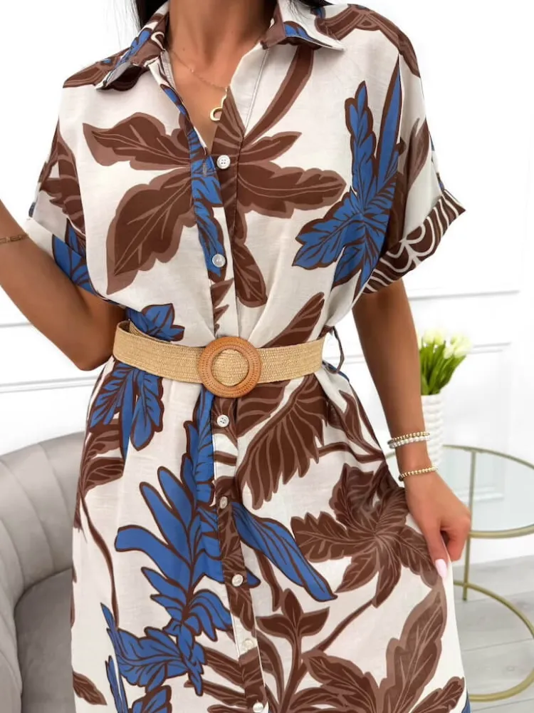 Beżowo-Brązowa Wzorzysta Sukienka z Paskiem 13966-363-A|Modna Kiecka Discount