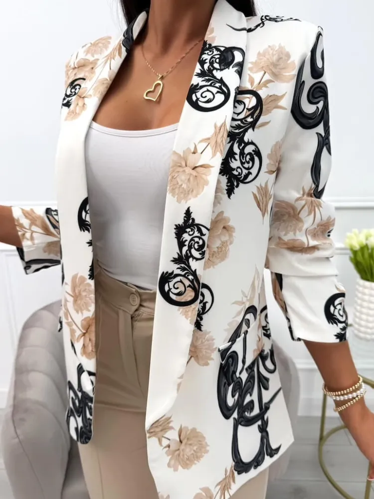 Beżowo-Czarna Marynarka ze Wzorem 13964-340-A|Modna Kiecka Discount