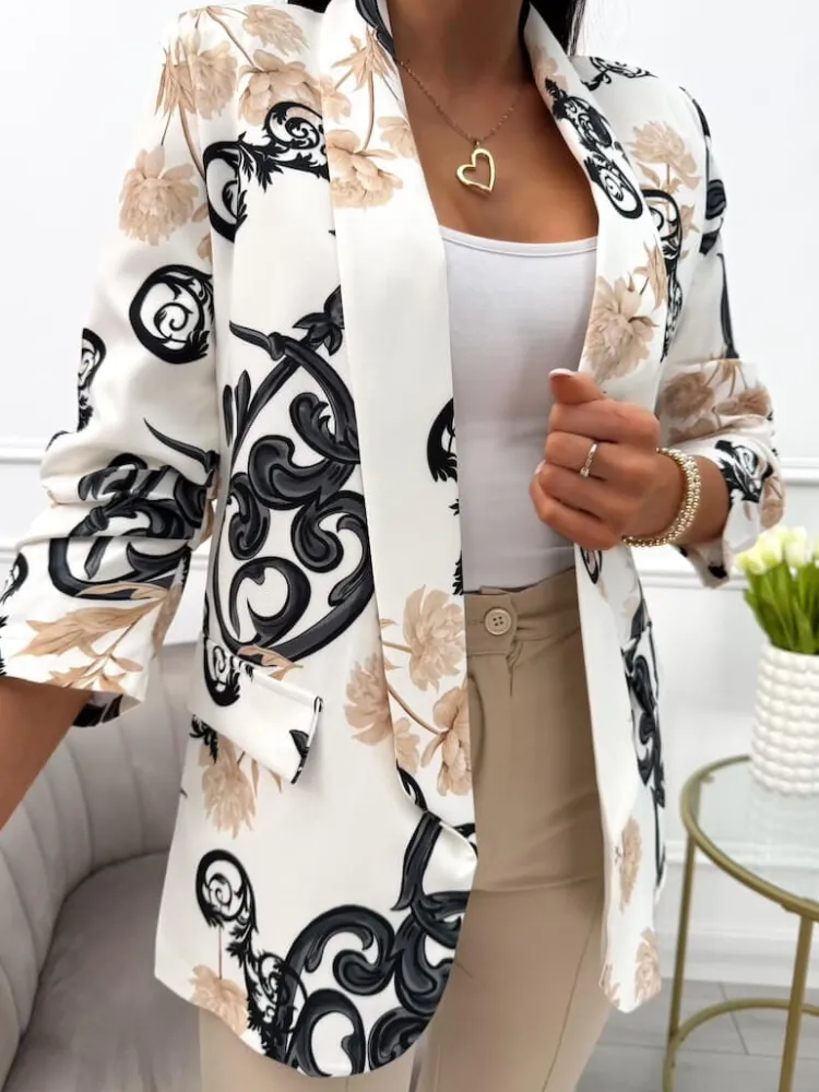Beżowo-Czarna Marynarka ze Wzorem 13964-340-A|Modna Kiecka Discount