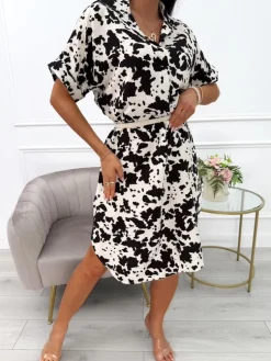 Beżowo-Czarna Sukienka Oversize z Kołnierzykiem 14073-326-B|Modna Kiecka New