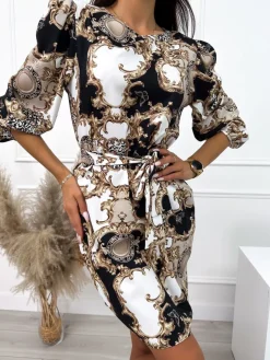 Beżowo-Czarna Sukienka z Paskiem 10553-428-A|Modna Kiecka Fashion