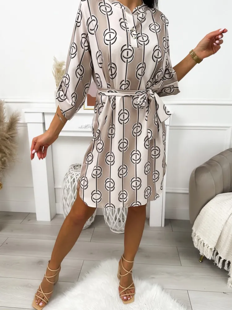 Beżowo-Czarna Sukienka ze Wzorem 11643-103-B|Modna Kiecka Fashion