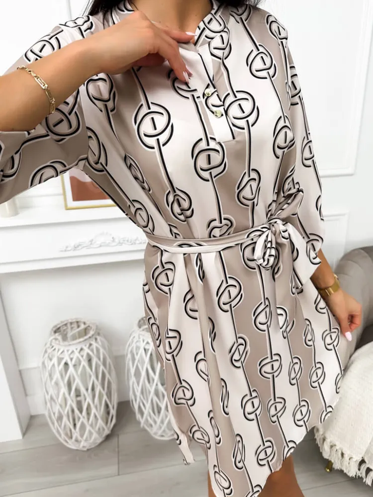 Beżowo-Czarna Sukienka ze Wzorem 11643-103-B|Modna Kiecka Fashion