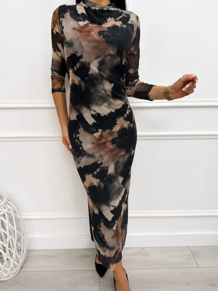 Beżowo-Czarna Wzorzysta Sukienka 13314-328-Q|Modna Kiecka Fashion