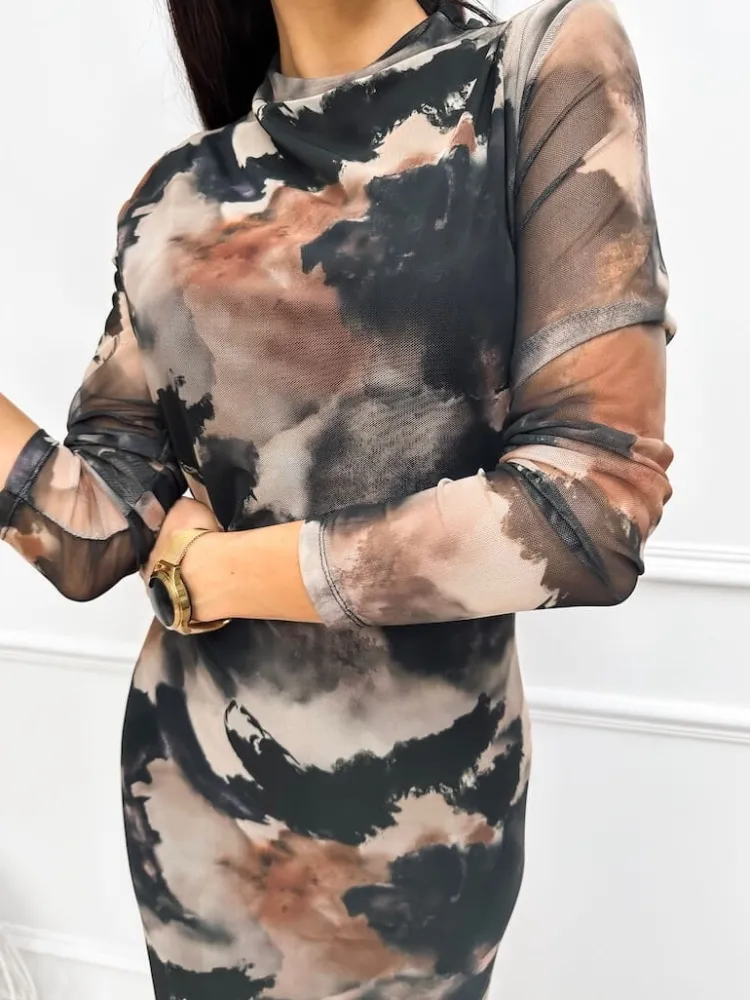 Beżowo-Czarna Wzorzysta Sukienka 13314-328-Q|Modna Kiecka Fashion