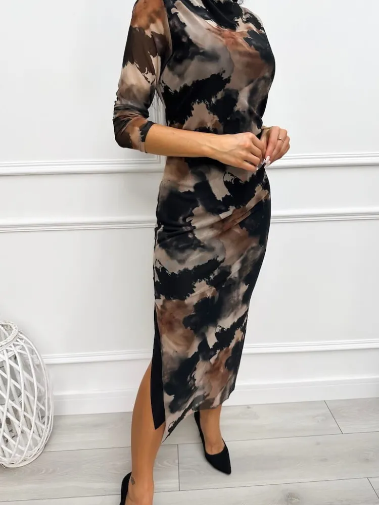 Beżowo-Czarna Wzorzysta Sukienka 13314-328-Q|Modna Kiecka Fashion