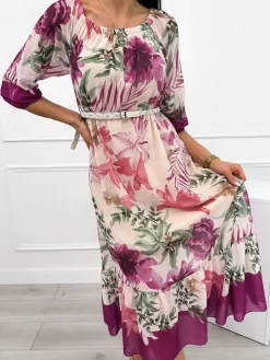 Beżowo-Fioletowa Sukienka Hiszpanka 12340-261-B|Modna Kiecka Clearance