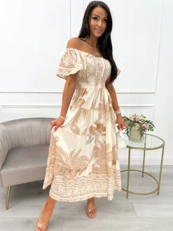 Beżowo-Kremowa Sukienka Maxi ze Wzorem 14011-136-A|Modna Kiecka Fashion