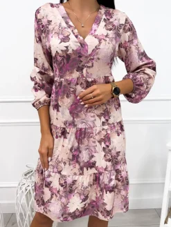 Beżowo-Różowa Sukienka Oversize w Kwiaty 12652-18-B|Modna Kiecka Fashion