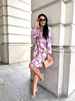 Beżowo-Różowa Sukienka Oversize w Kwiaty 12652-18-B|Modna Kiecka Fashion