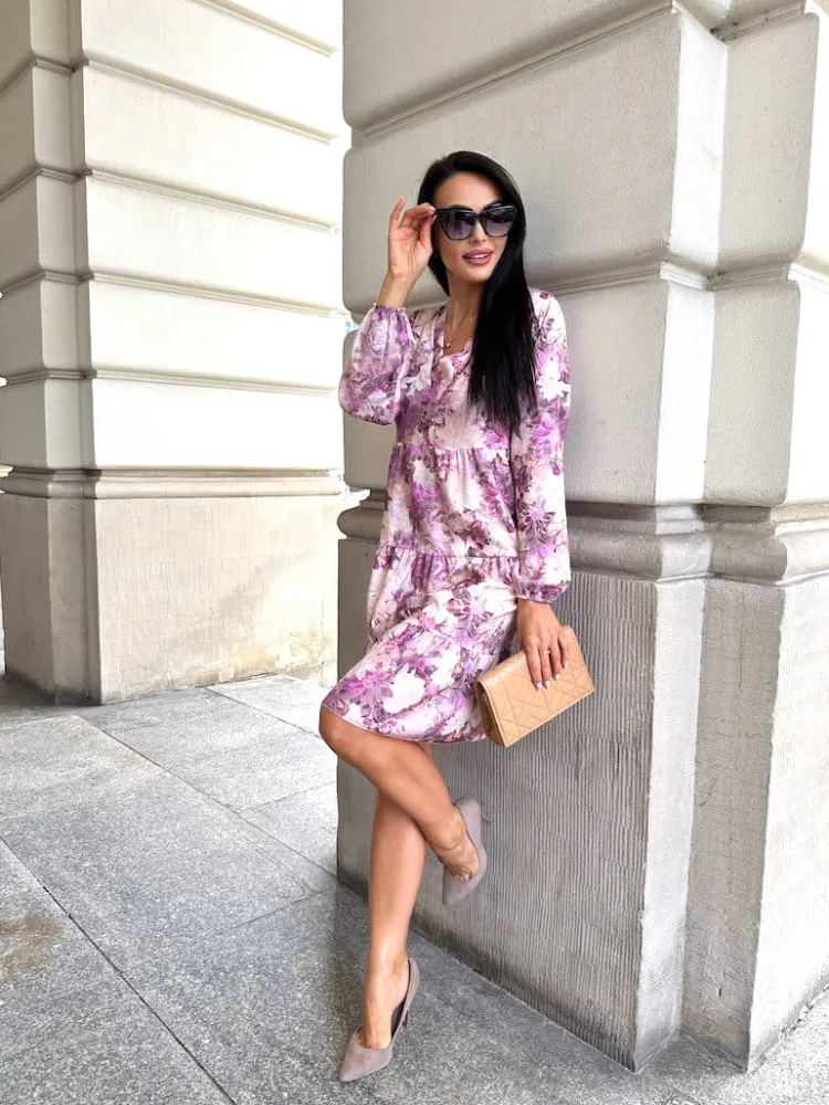 Beżowo-Różowa Sukienka Oversize w Kwiaty 12652-18-B|Modna Kiecka Fashion