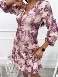Beżowo-Różowa Sukienka Oversize w Kwiaty 12652-18-B|Modna Kiecka Fashion