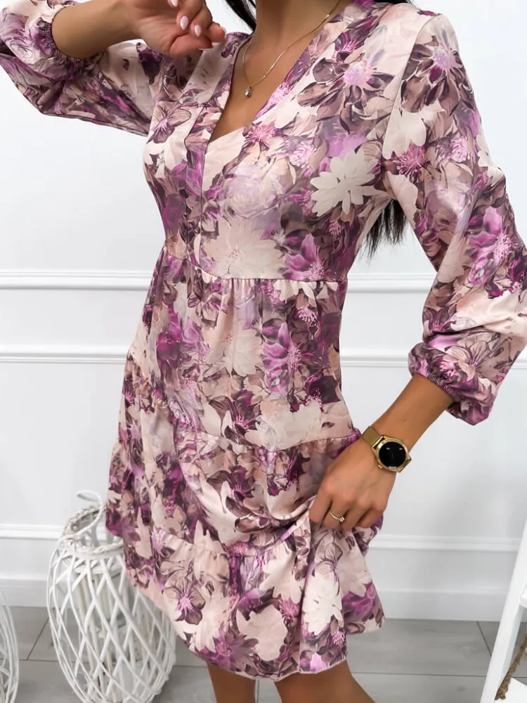 Beżowo-Różowa Sukienka Oversize w Kwiaty 12652-18-B|Modna Kiecka Fashion