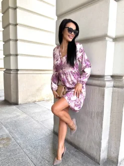 Beżowo-Różowa Sukienka Oversize w Kwiaty 12652-18-B|Modna Kiecka Fashion