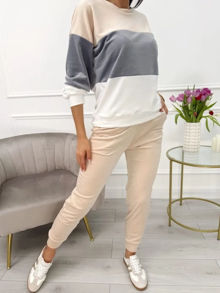 Beżowo-Szaro-Kremowy Welurowy Komplet 13642-354-A|Modna Kiecka Discount