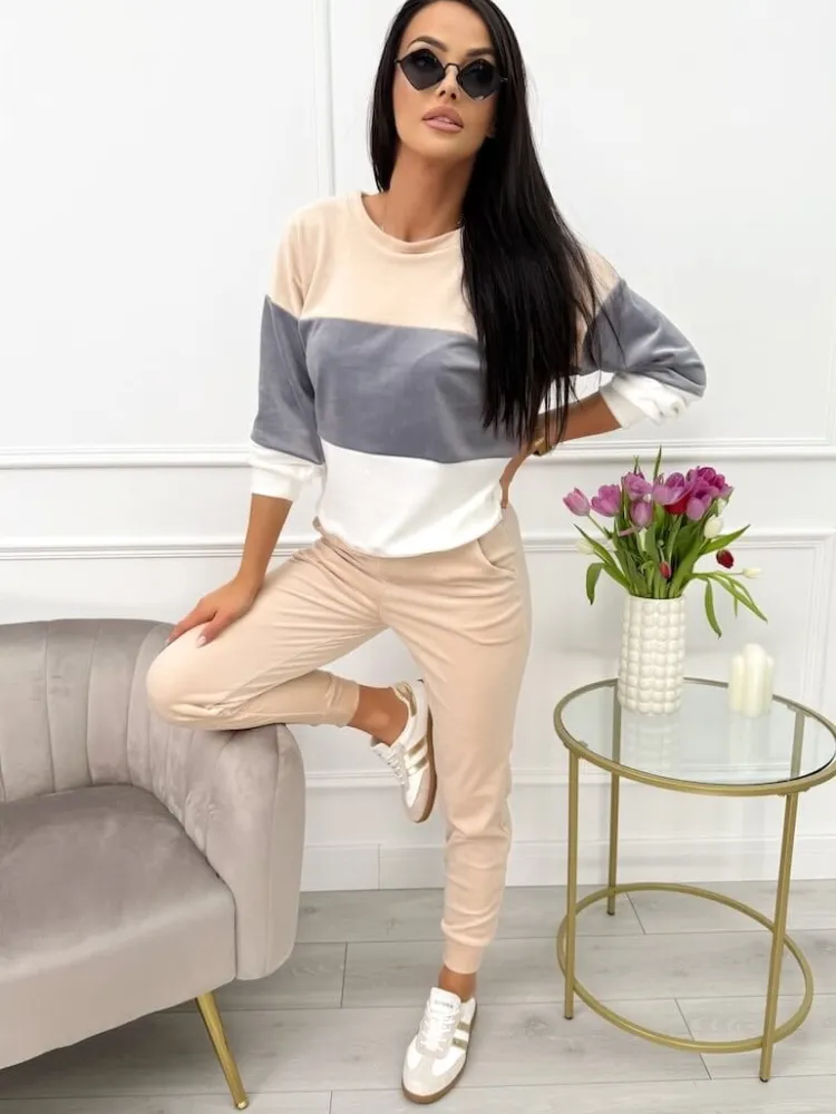 Beżowo-Szaro-Kremowy Welurowy Komplet 13642-354-A|Modna Kiecka Discount