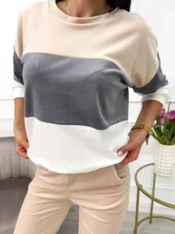 Beżowo-Szaro-Kremowy Welurowy Komplet 13642-354-A|Modna Kiecka Discount