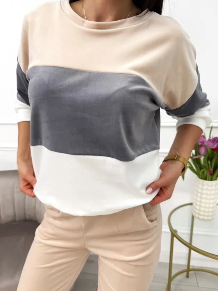 Beżowo-Szaro-Kremowy Welurowy Komplet 13642-354-A|Modna Kiecka Discount