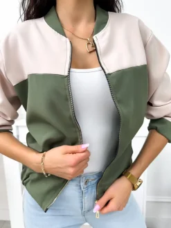 Beżowo-Zielona Bluza Bomberka 11889-529-E|Modna Kiecka Fashion