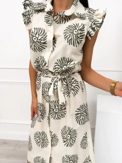 Beżowo-Zielona Sukienka z Paskiem 12559-63-B|Modna Kiecka Fashion