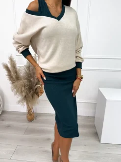Beżowo-Zielony Komplet Sweterek + Sukienka 10684-530-B|Modna Kiecka Outlet