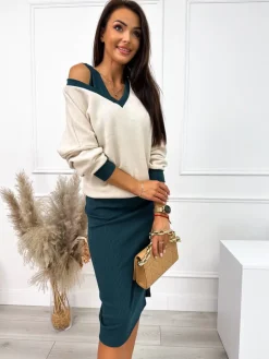 Beżowo-Zielony Komplet Sweterek + Sukienka 10684-530-B|Modna Kiecka Outlet