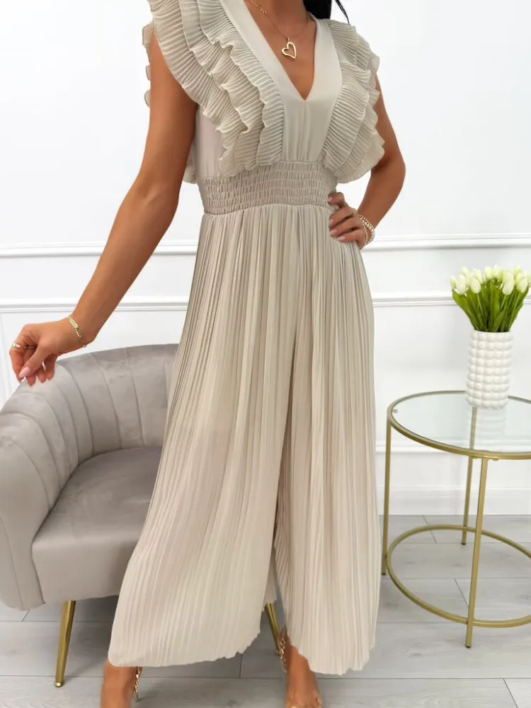Beżowy Kombinezon z Falbankami 13870-422-D|Modna Kiecka Discount