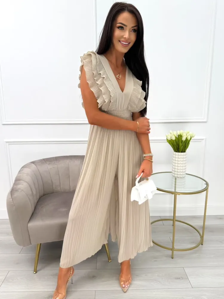 Beżowy Kombinezon z Falbankami 13870-422-D|Modna Kiecka Discount