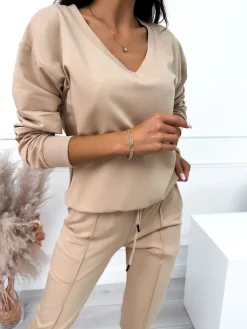 Beżowy Komplet Bluza + Spodnie 10557-115-A|Modna Kiecka Online