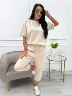 Beżowy Komplet Bluzka z Krótkim Rękawem + Spodnie 13939-360-A|Modna Kiecka Fashion